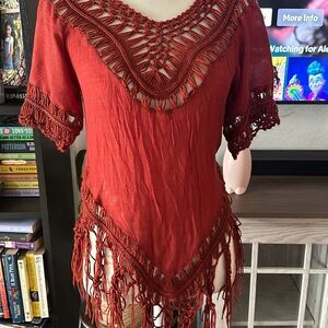 VIVID  rusty red Crochet blouse tassel top